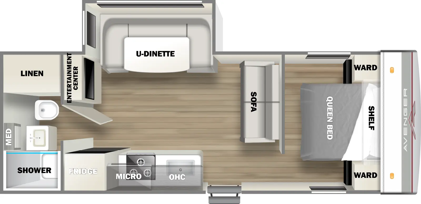 The Avenger 21RBSLE floorplan has one entry and one slide out. Exterior features include: metal exterior and 15' awning. Interiors features include: u-dinette, front bedroom and rear bathroom.
